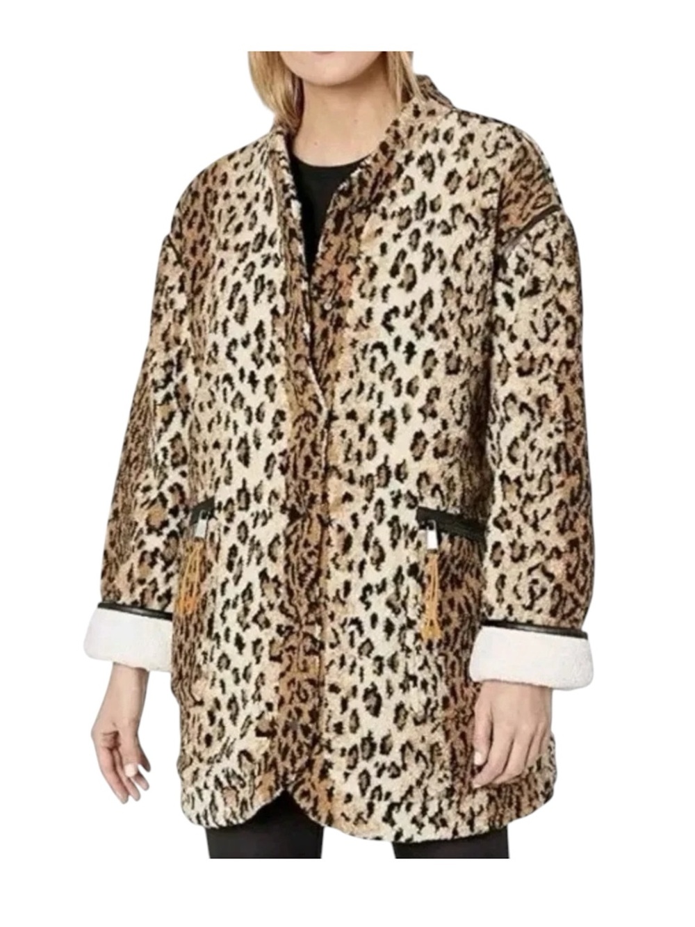 Blank NYC Leopard Print Fleece Faux Leather Trim Coat Jacket Beige Tan Small